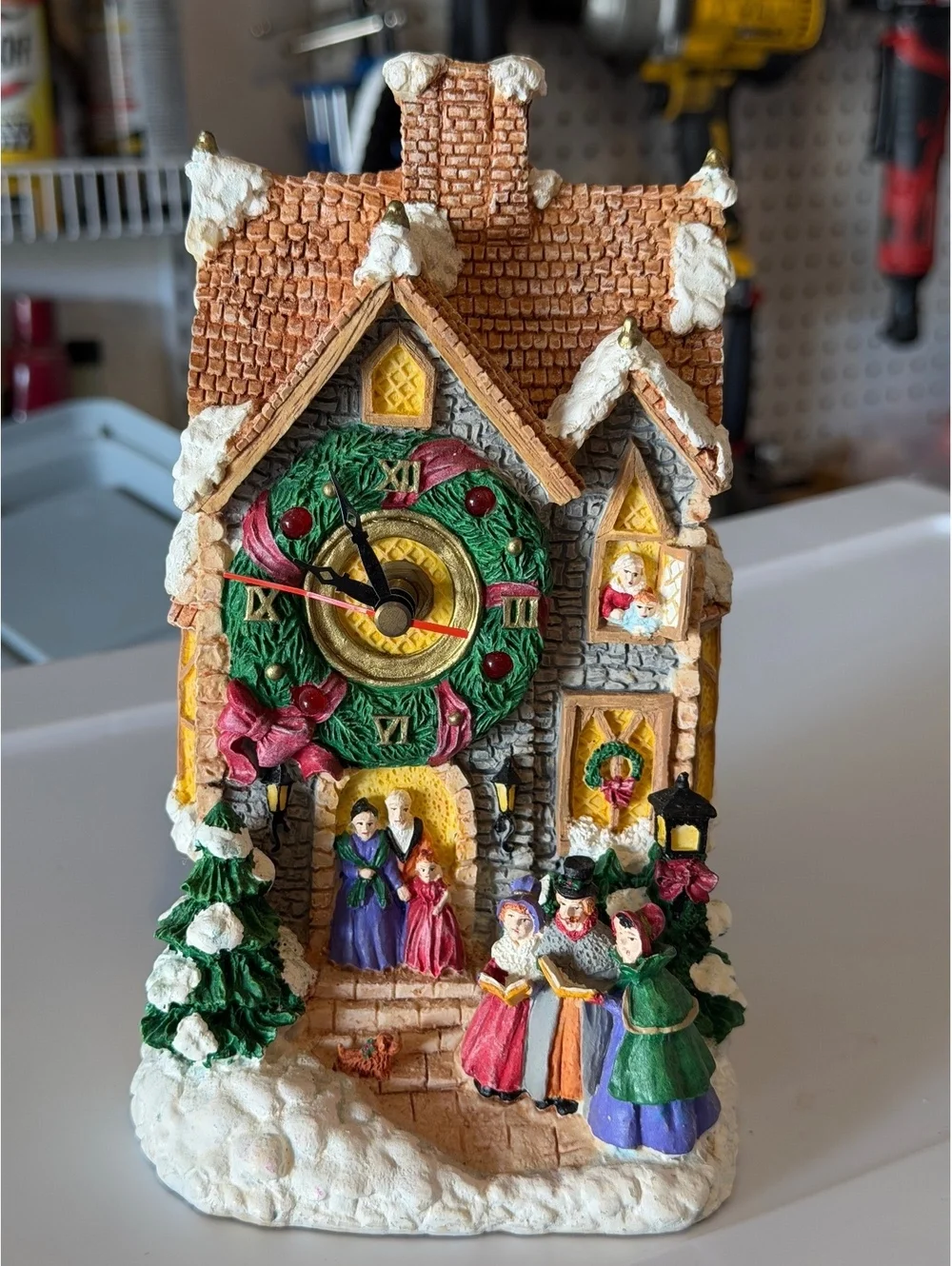 Decorative Christmas Village Clock with Carolers and Snow